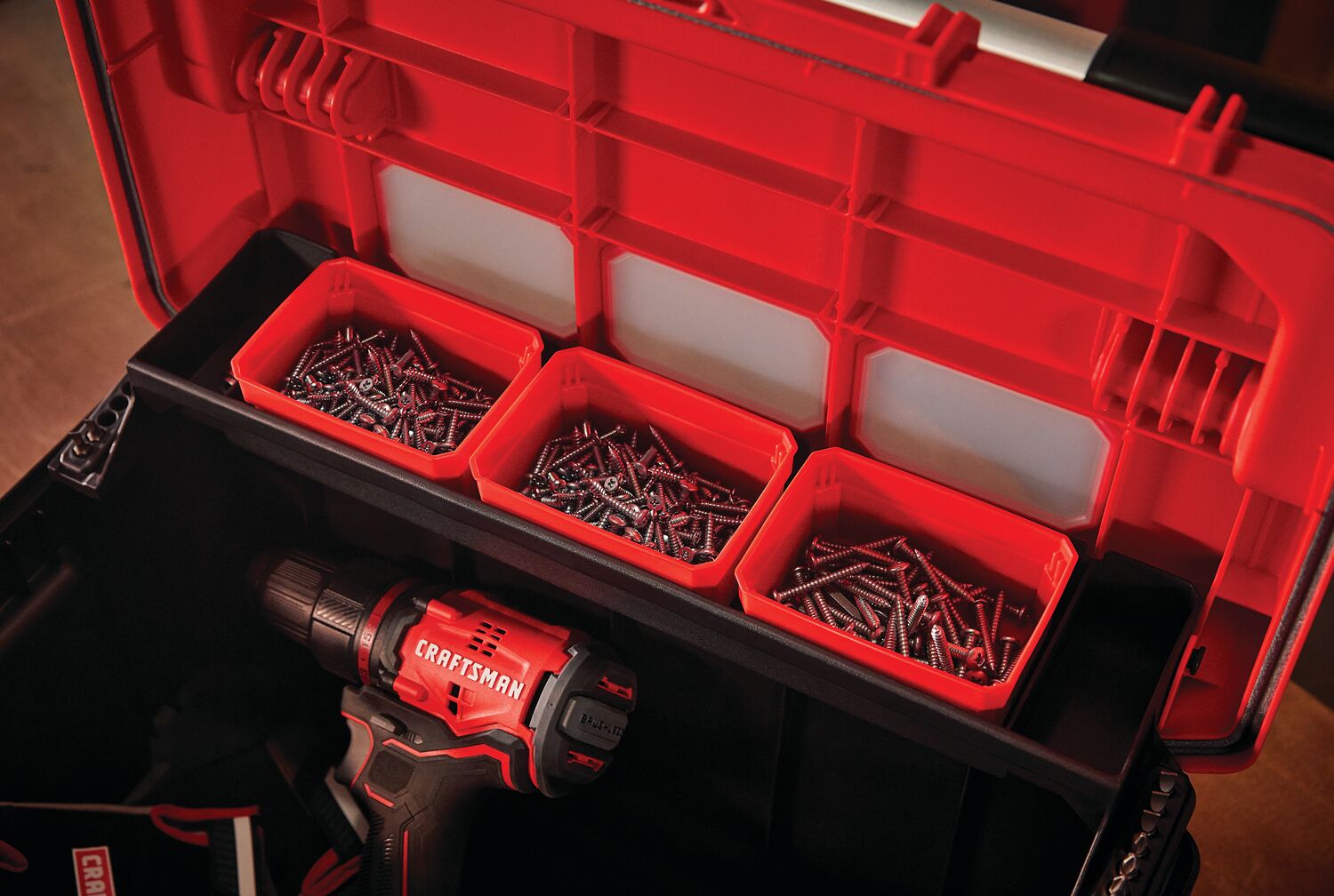 Pro 20 inch tool box holding tools placed on jobsite.