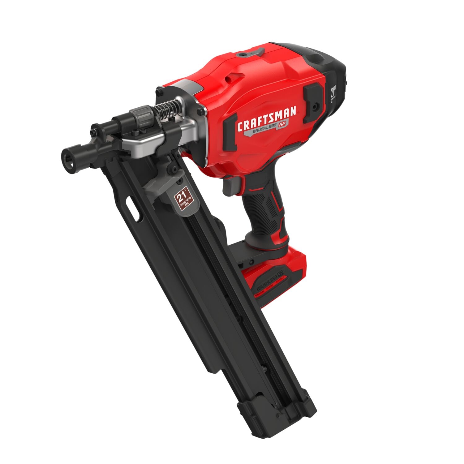 Left profile of 20 volt brushless cordless 21 degree plastic collated framing nailer.